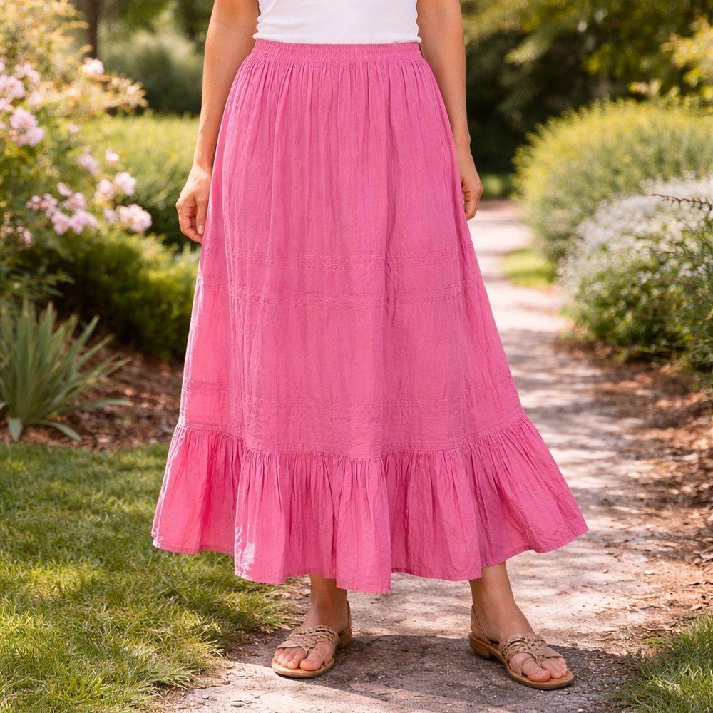 Avenue Pink Crinkle Cotton Maxi Skirt Boho Tiered Flowy Summer Size 2X 18/20